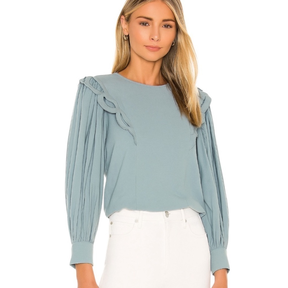 Carolina K Full Balloon Sleeve Embroideted Cutwork Ruffle Top Blue Size XS